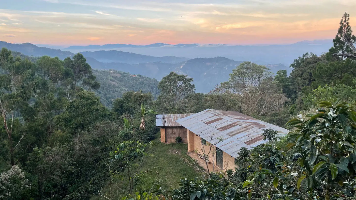 Beautiful view of the mountains and farm house on Las Etíopes farm, Peru