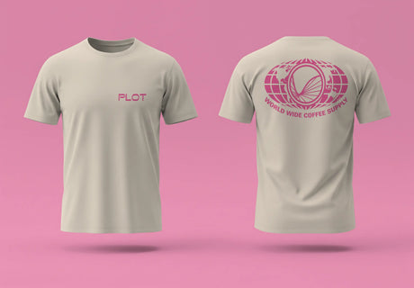 Ecru 'Worldwide Coffee Supply' t-shirts with Hot Pink print