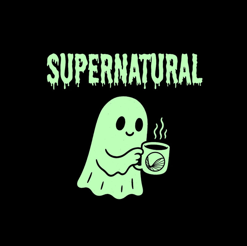 Image of a cute ghost mascot with a cup of coffee to represent our Supernatural release, an extended fermentation natural coffee from Konga Amederaro in Yirgacheffe, Ethiopia.